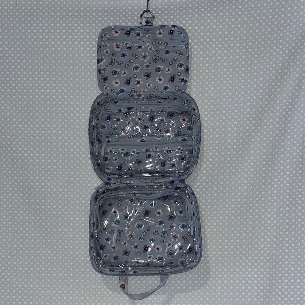 Gray Cosmetic Bag with Tri-Fold Design and Zippered Compartments